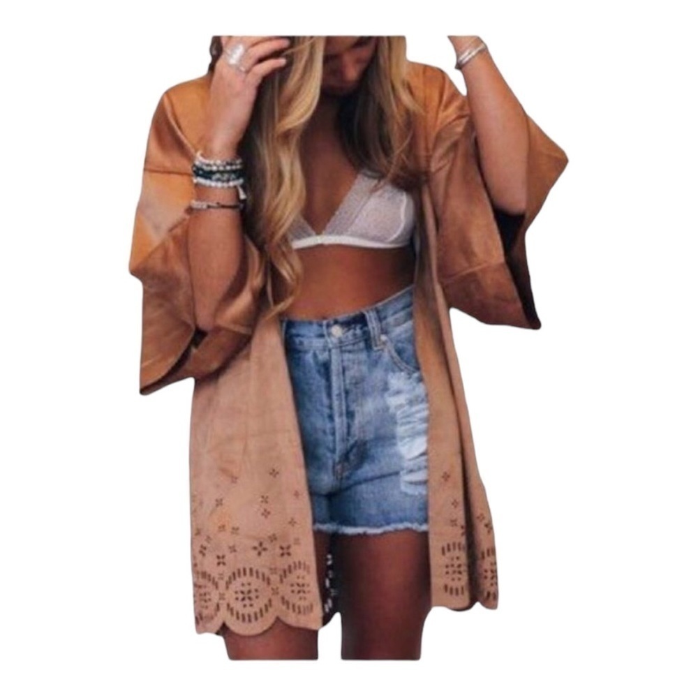 Mink PINK Light Brown Short Sleeve Open Front Cardigan Top XS